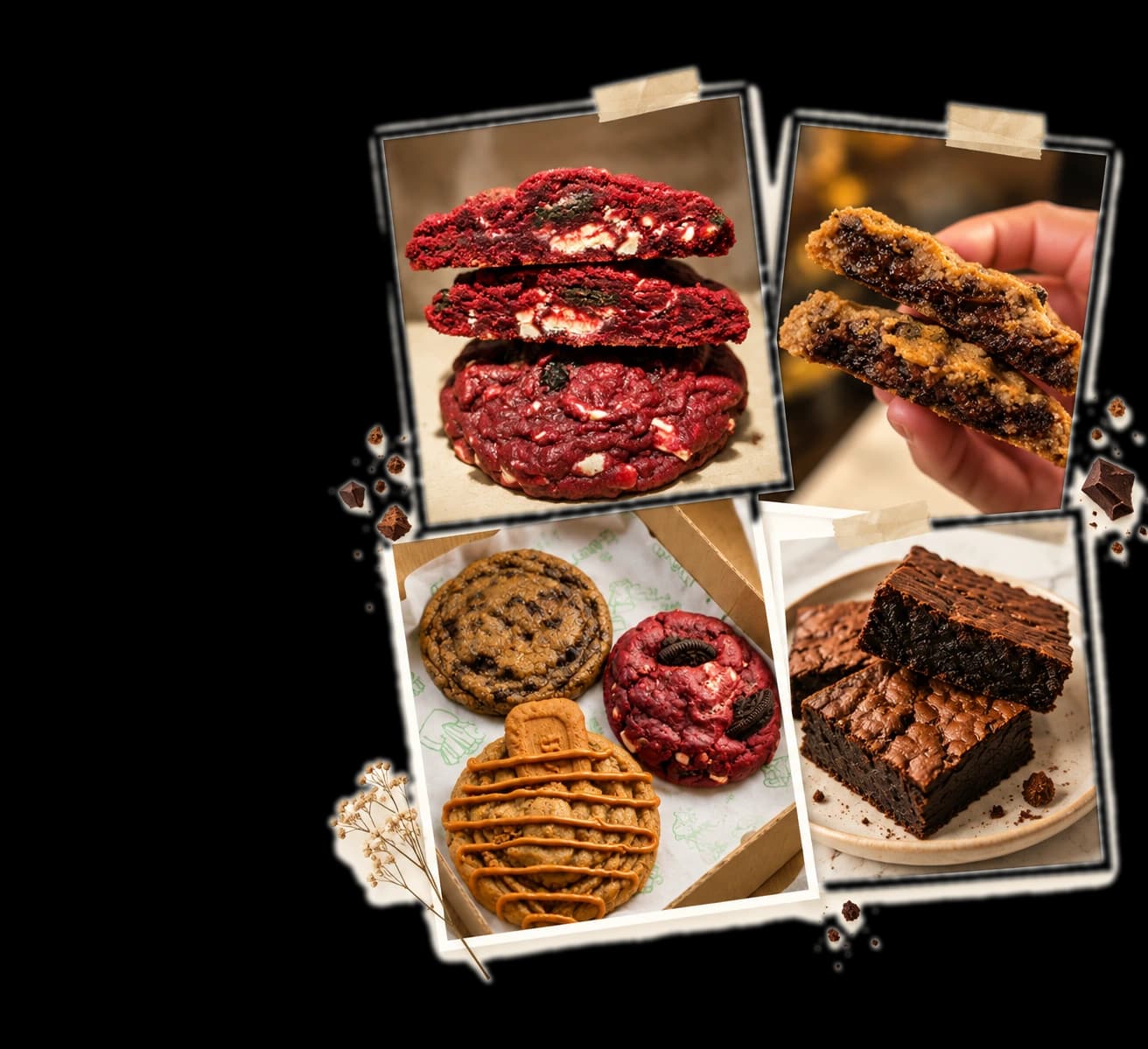 A collage of Dolce bakes — red velvet Oreo cookies, brown butter chocochip, golden Biscoff crunch, and fudgy chocolate brownies